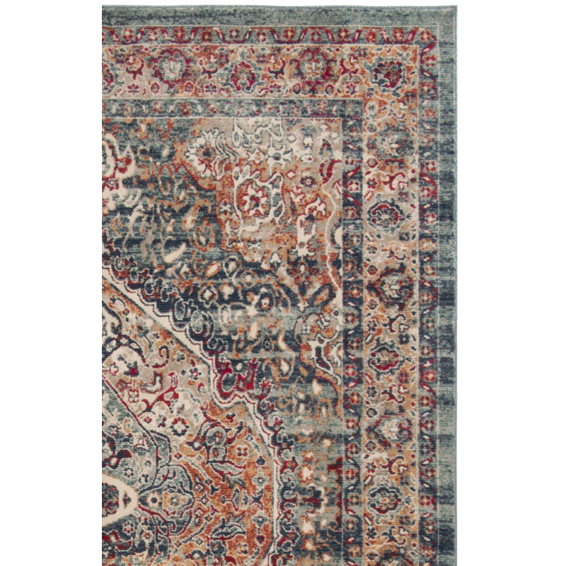 Doucet 300 Pes/Cotton/Pp/Latex Oriental Rug in Navy/Aqua, Rectangle 4' x 6'