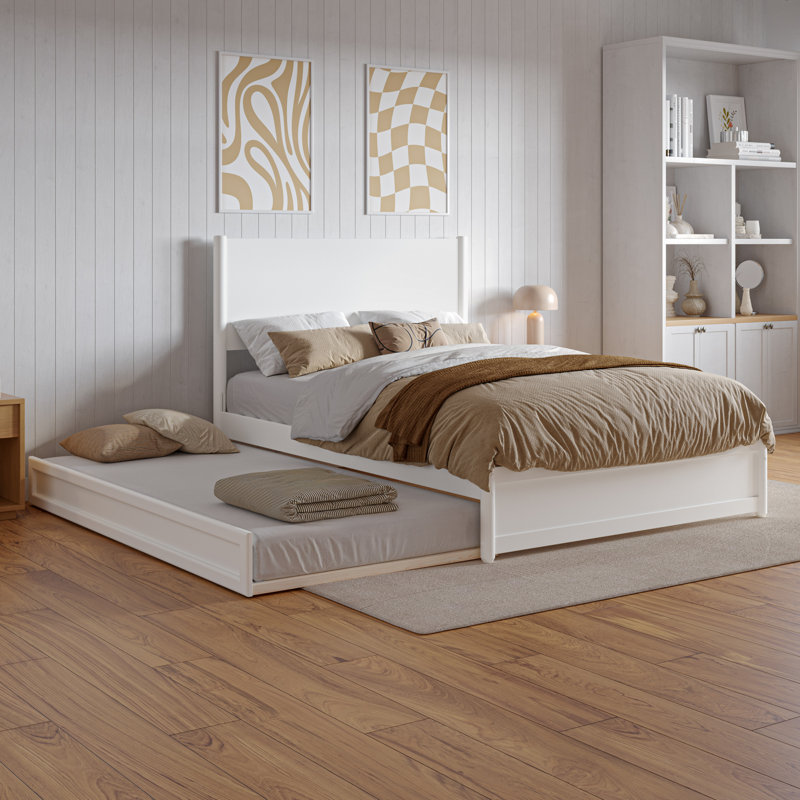  Lit plateforme avec pied de lit et gigogne Ronan, Lit double, Blanc
