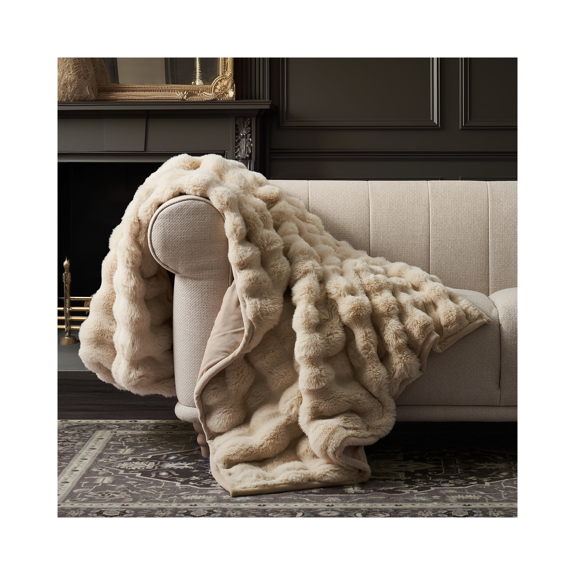 Ridgeline Faux Fur Throw Blanket, 60" L x 50" W, Beige