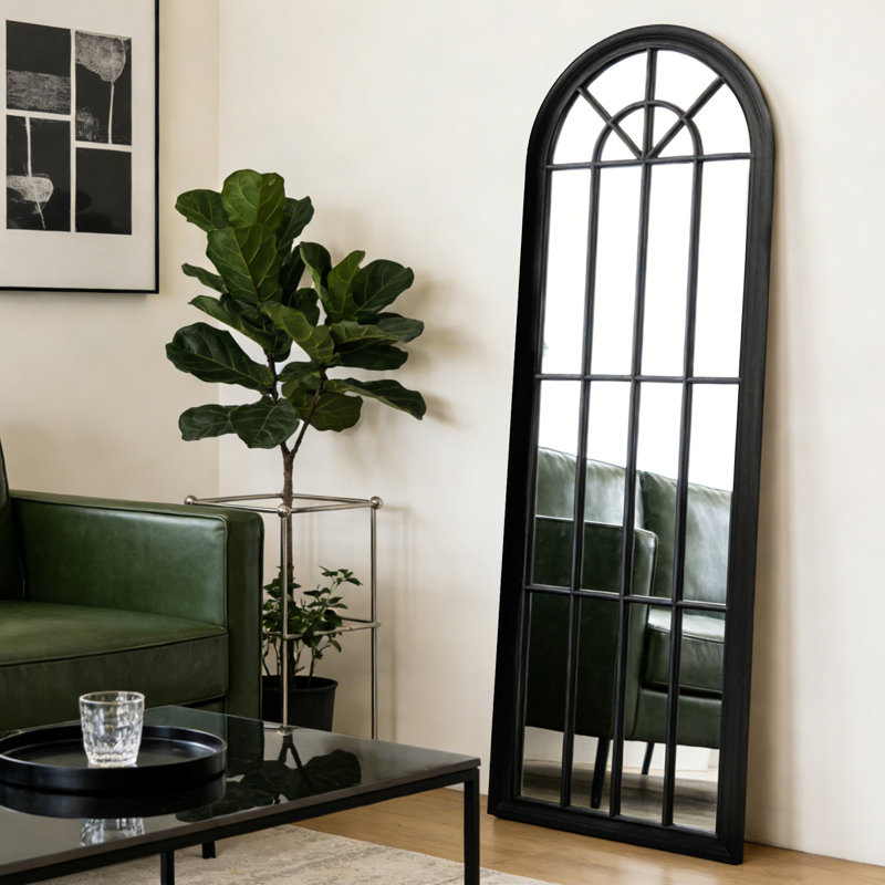 Large Arched Windowpane Full-Length Wall Mirror With Solid Wood Frame, 70" x 24", Black