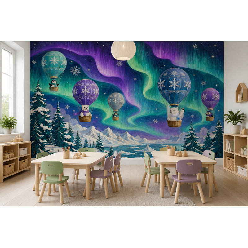 Décoration murale amovible Aurora Borealis, ciel étoilé, animaux arctiques, 100"x96", Peel and Stick