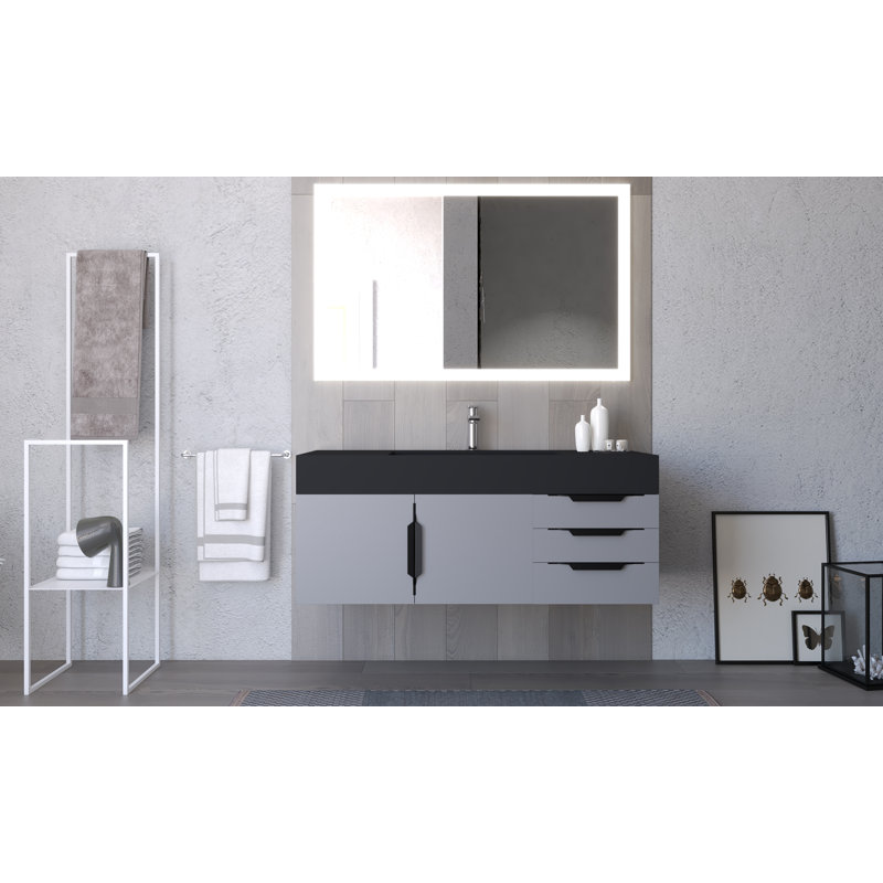 Meuble-lavabo mural simple 48 po avec comptoir à surface solide - base grise, plateau noir, poignées noires, Noir, Gris, Noir