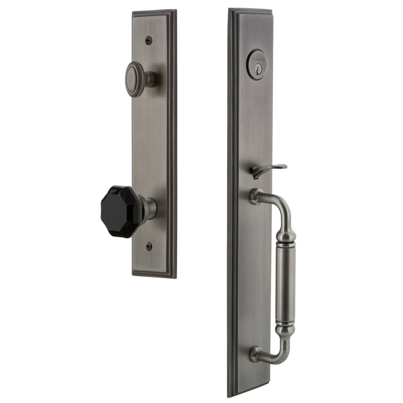 Carré Handleset with Single Cylinder Deadbolt and Lyon Door Knob and Rosette, 2.75", Antique Pewter