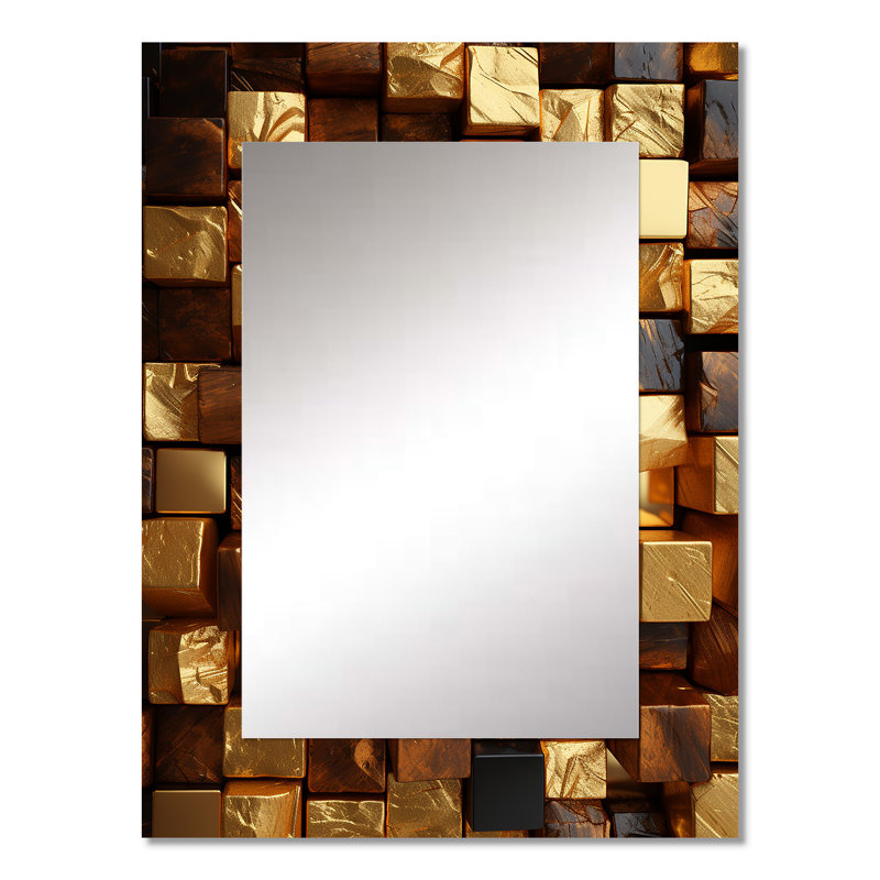 Cubes abstraits noirs et dorés II - miroir mural géométrique, miroir décoratif doré, impression sur métal, 32 po x 24 po