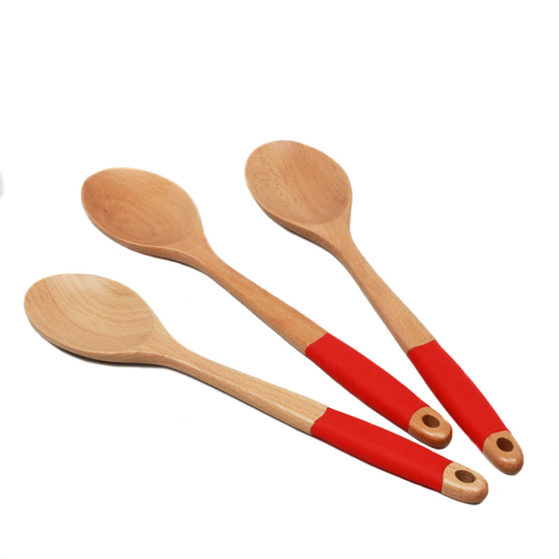 Premium Red Silicone Handle Beech Wood Spoon Set, 14 inch, 3 Pieces