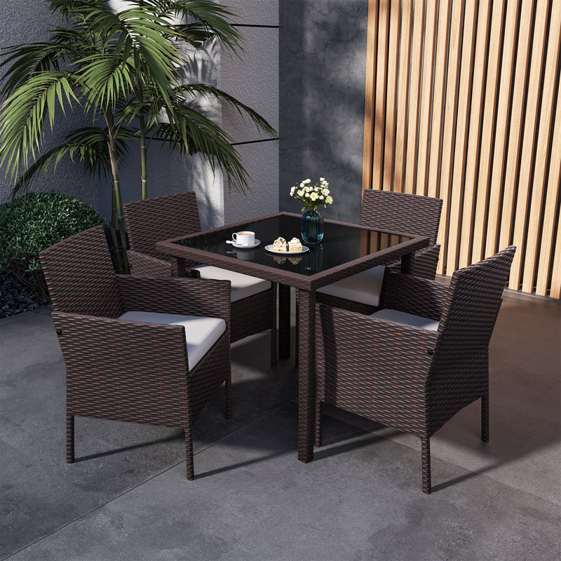 5 Pieces Patio Dining Set, Outdoor Rattan Furniture Set with Glass Top Table and Cushioned Chairs