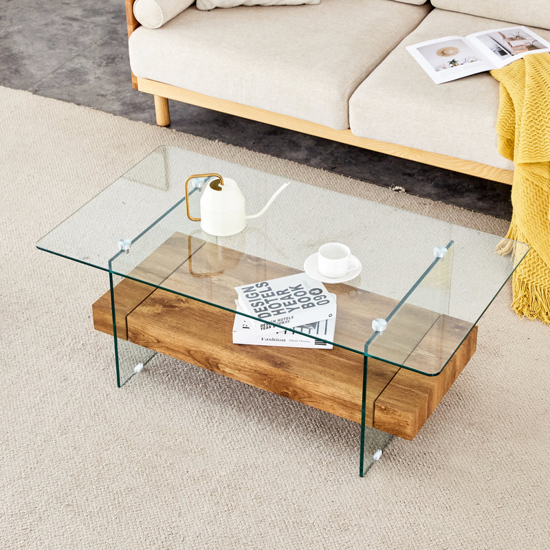  Table basse 43,3 po à deux niveaux en verre avec tablette en bois clair, table d'appoint ou présentoir, bois clair