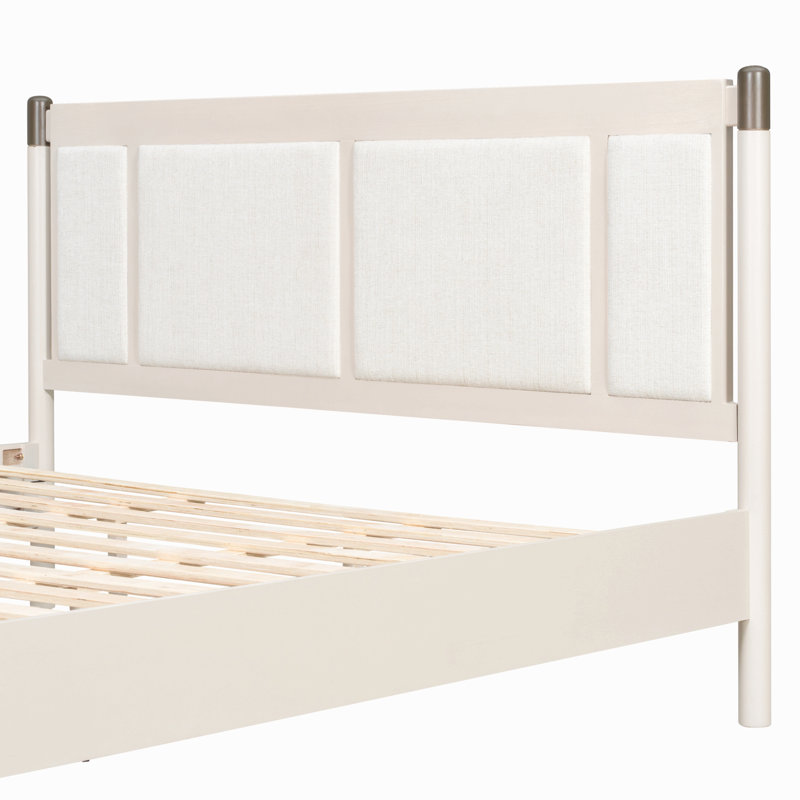 Solid Wood King Bed, Upholstered Headboard With Metal Handles, Gray/Light Gray