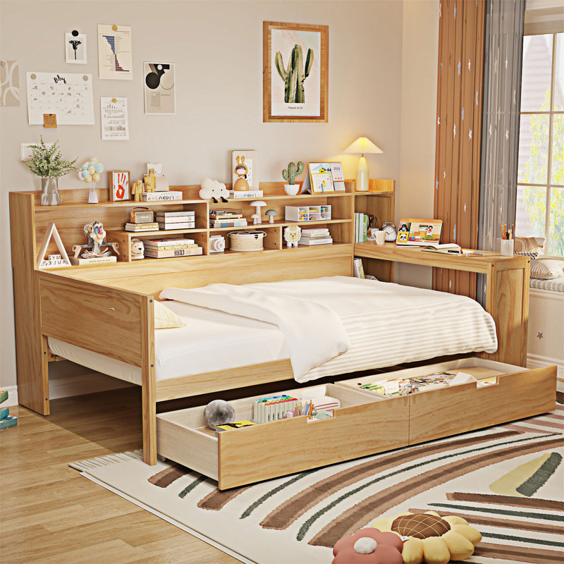 Lit de jour en bois avec rangement et bureau, Simple, Naturel