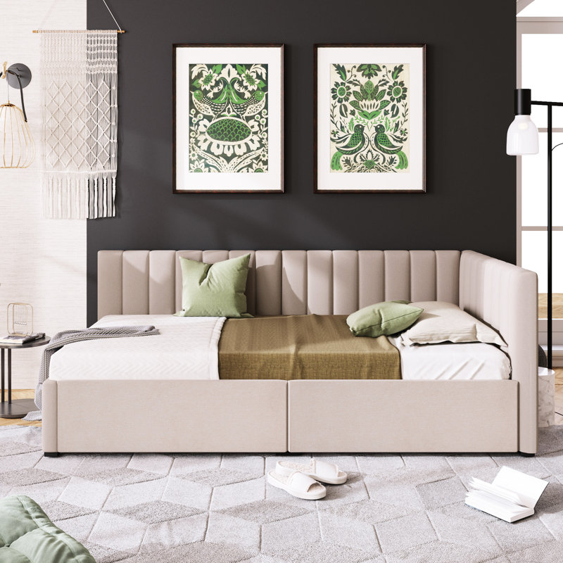 Lit de jour rembourré avec 2 tiroirs, lit simple, revêtement en lin beige - aucun sommier requis, maximisez la fonctionnalité de votre chambre à coucher