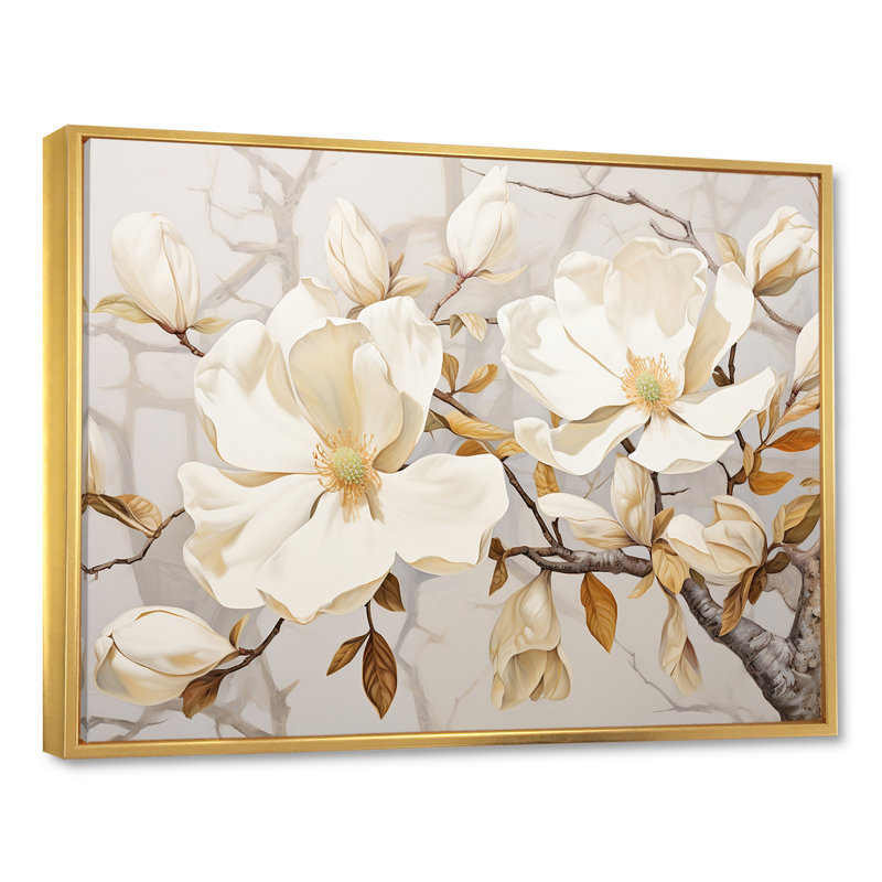 Décoration murale élégante Magnolias Serenyt - Magnolias, Cadre flottant doré, H 12 po x l 20 po x P 1 po