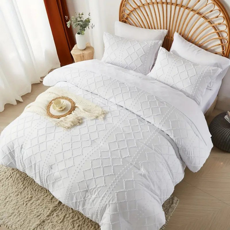 Ensemble d'édredon et de draps 7 pièces Boho Diamond Stripe, doux, léger, respirant et hypoallergénique, Blanc