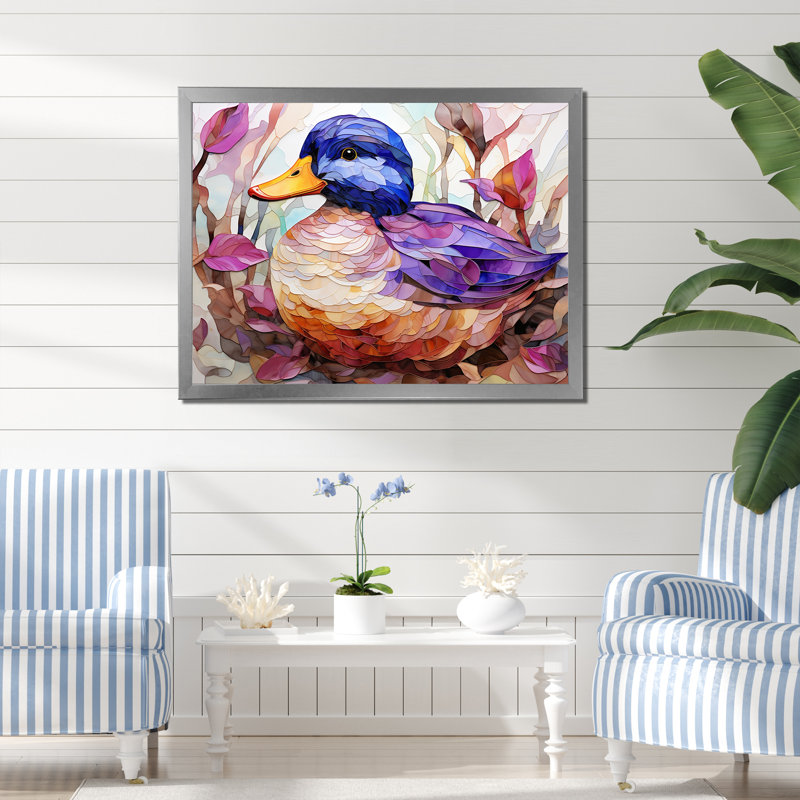 Canard beige et mauve dans un pré - art mural canard, Cadre de coin fermé argenté, H 24 po x l 32 po x P 1 po
