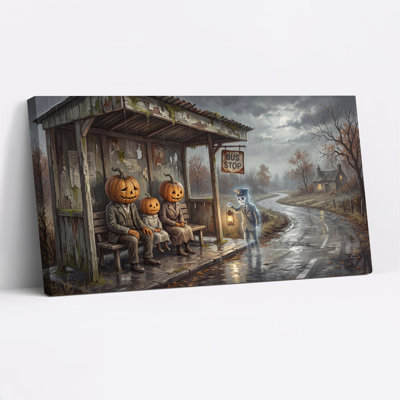 Tableau sur toile d'Halloween représentant un conducteur fantôme et une famille de citrouilles à l'arrêt d'autobus