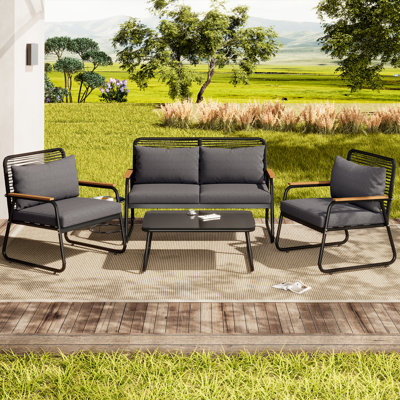 Outdoor Lounge Set For 4 People With Tempered Glass Table & Cushions