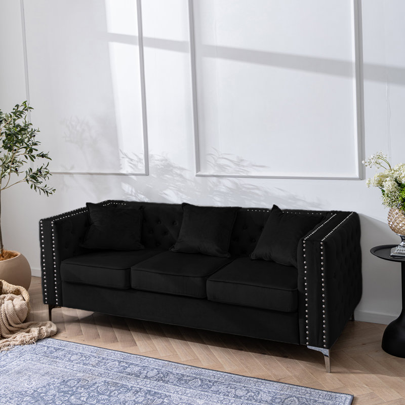 84.65" Velvet Sofa With Rivet Accents - Light Luxury Living Room Sofa, Black