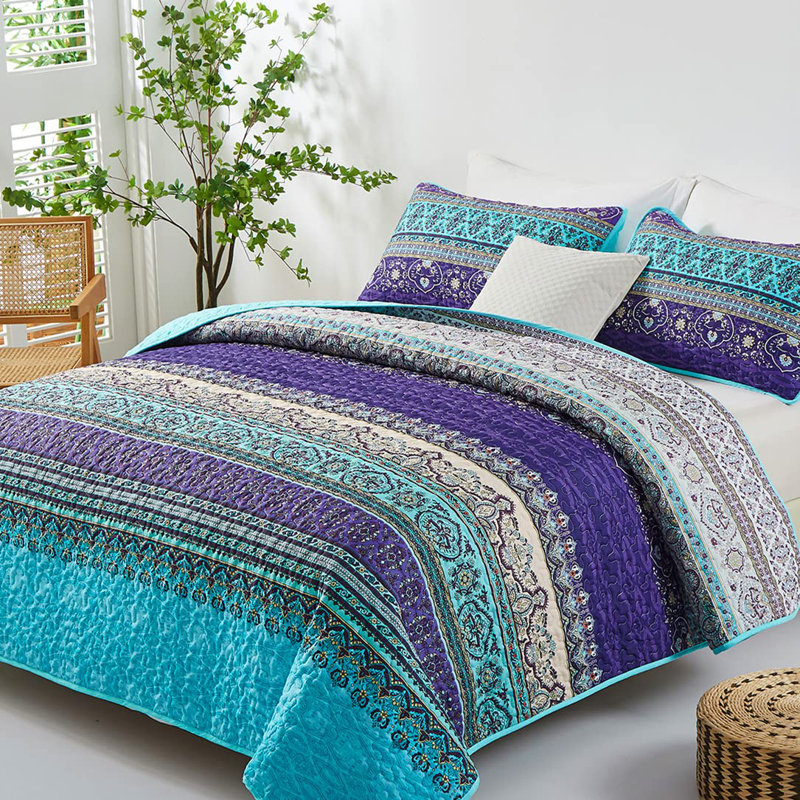 Ensemble de 3 courtepointe Boho Bohemian, Bleu / mauve, Courtepointe pour lit grand + deux taies décorati