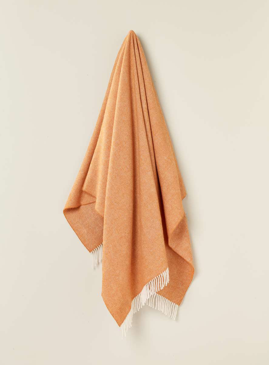 Merino Lambswool Throw/Blankets Hand Woven Blanket, Orange Herringbone