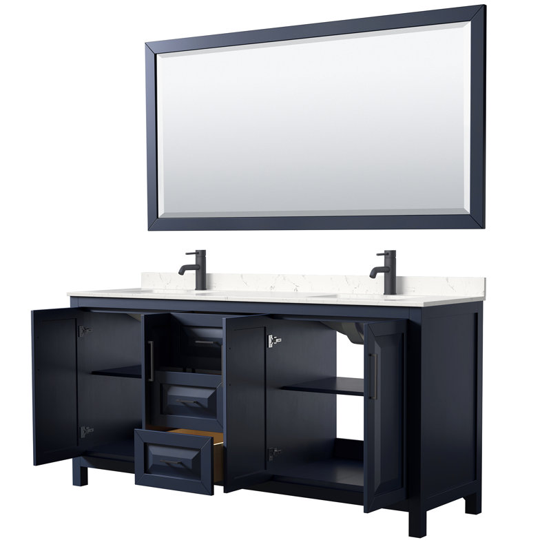 Daria 72'' Double Bathroom Vanity with Carrara Marble Top, Dark Blue, Carrara Cultured Marble, Matte Black