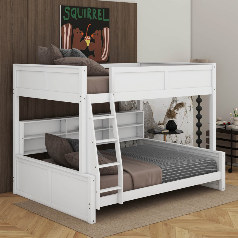 Bunk Bed With Storage Cabinets And USB Ports, Antique White, Full XL Over Queen