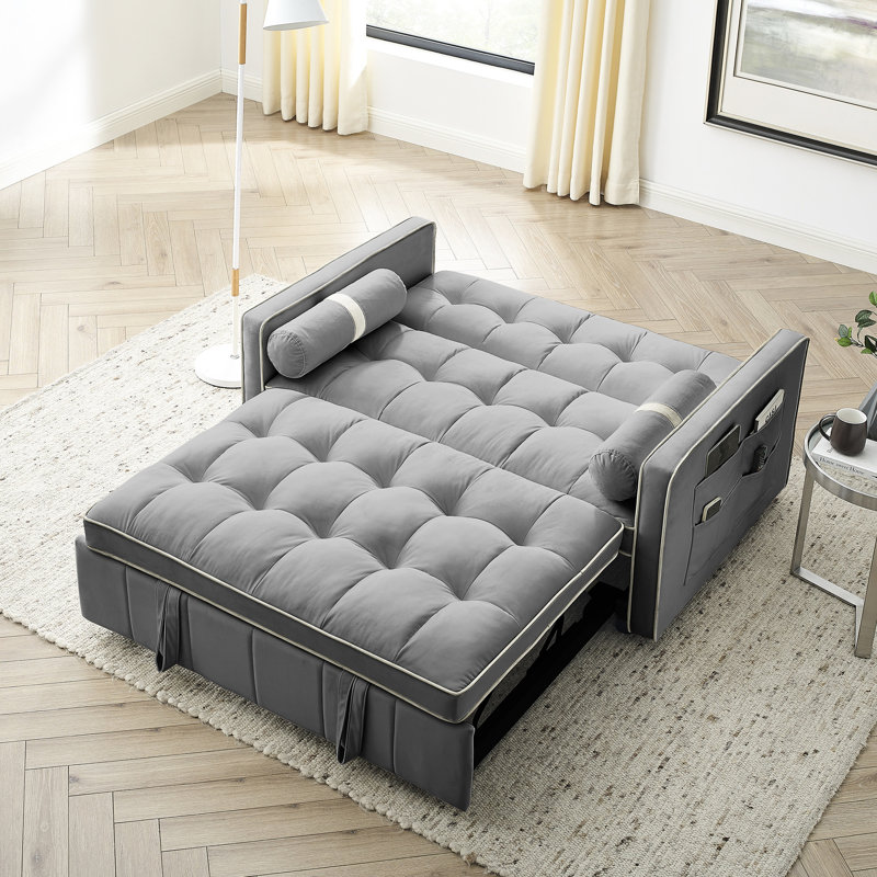 Lit en velours gris avec coussins réglables et lombaires, canapé 2 places de 55,5 po, fonction de sommeil rétractable pour salon de bureau, poches latérales, coussins