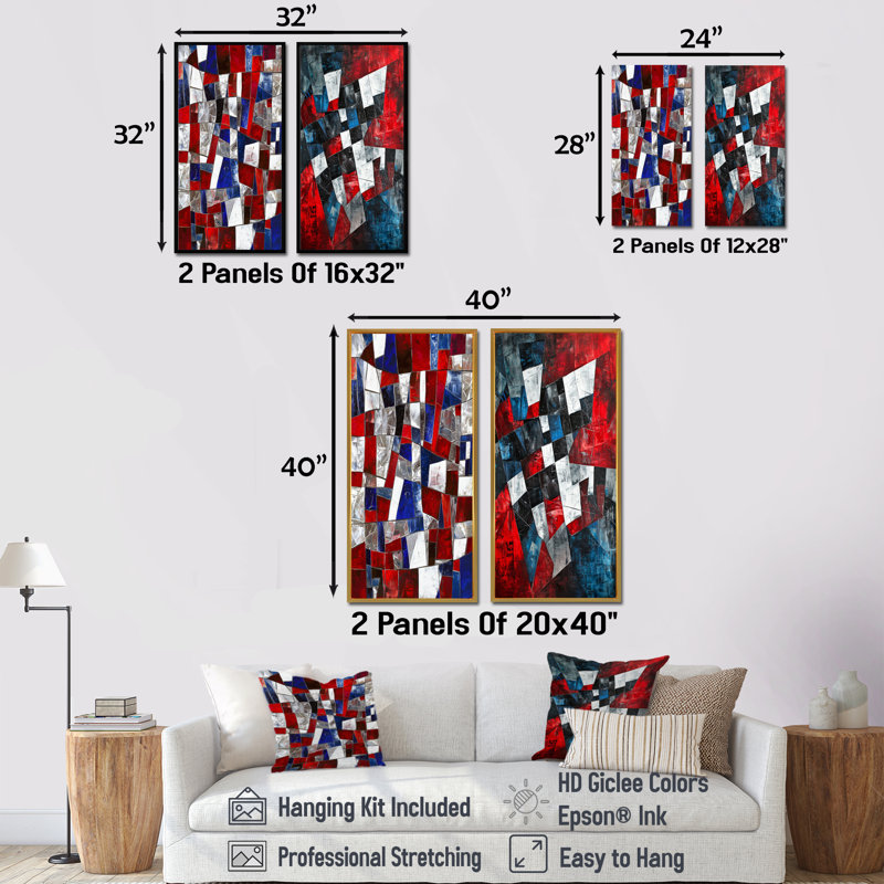 «Unity In Force USA Flag Fragments I», art mural mode 2 panneaux, H 28 po x l 25 po, Cadre flottant doré