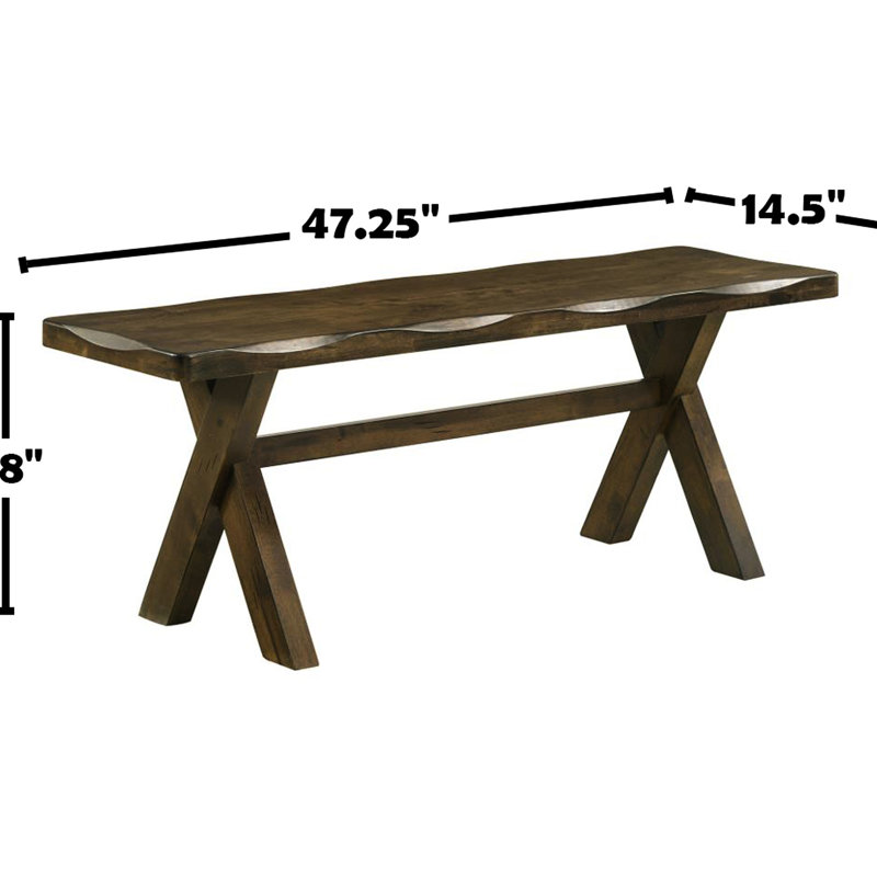 Banc de salle à manger de 47 pouces en bois d'hévéa massif avec aspect noyer muscade, siège lisse, bords usés et base à tréteaux pour banc décoratif, avec contour traditionnel