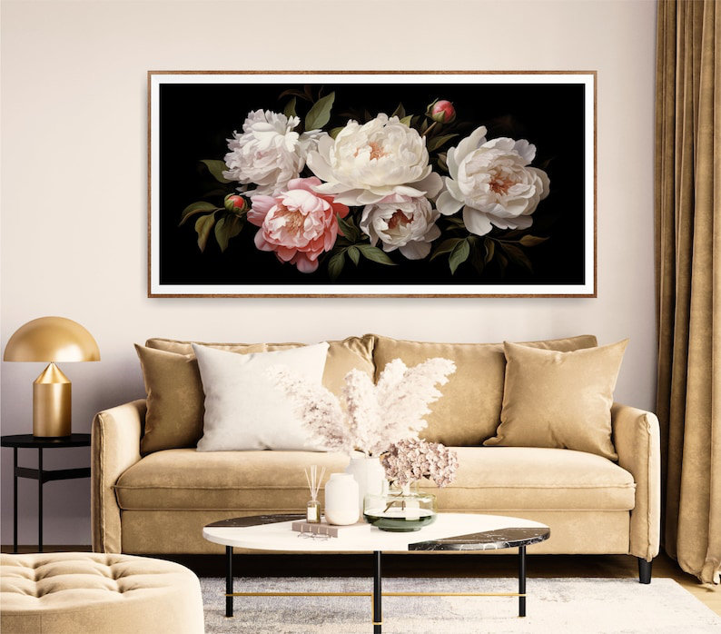 Très grande affiche panoramique horizontale pivoines, très grande toile, H 20 po x l 40 po x P 1,5 po, Toile tendue