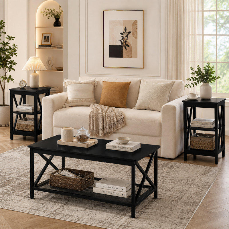 Ensemble de 3 tables basses Rustic, Noir, Brun