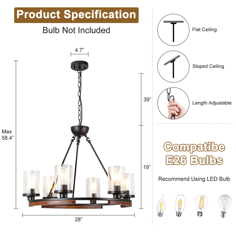 6-Light Wooden Circle Wagon Wheel Chandelier