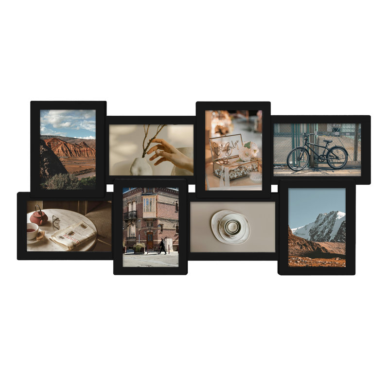 Asymmetrical Staggered 8 Opening Collage Frame, Matte Black Finish, Black