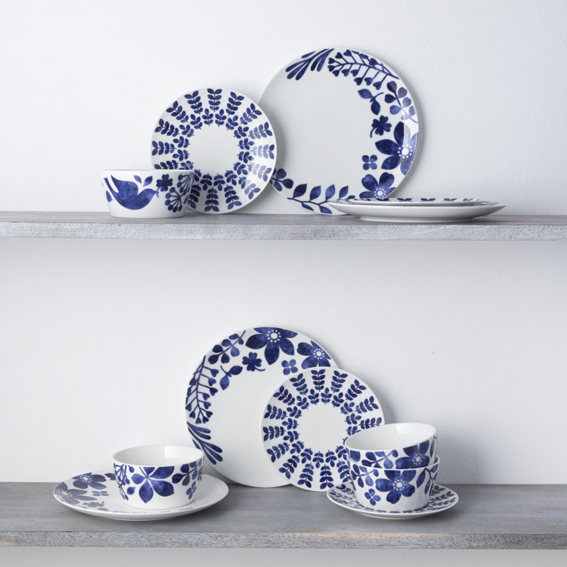 Blue and White Floral Porcelain 12-Piece Dinnerware Set