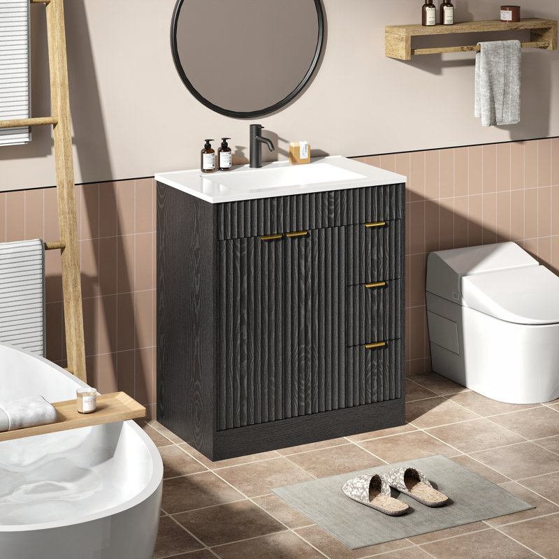 Ensemble de meuble-lavabo simple l 30 po avec comptoir SMC, armoire de salle de bain en bois Flutd avec 3 tiroirs et tablette réglable Adonia