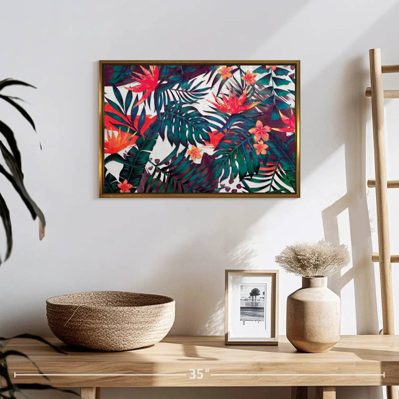 Palmiers et fleurs tropicales, Cadre flottant doré, 19 po x 13 po