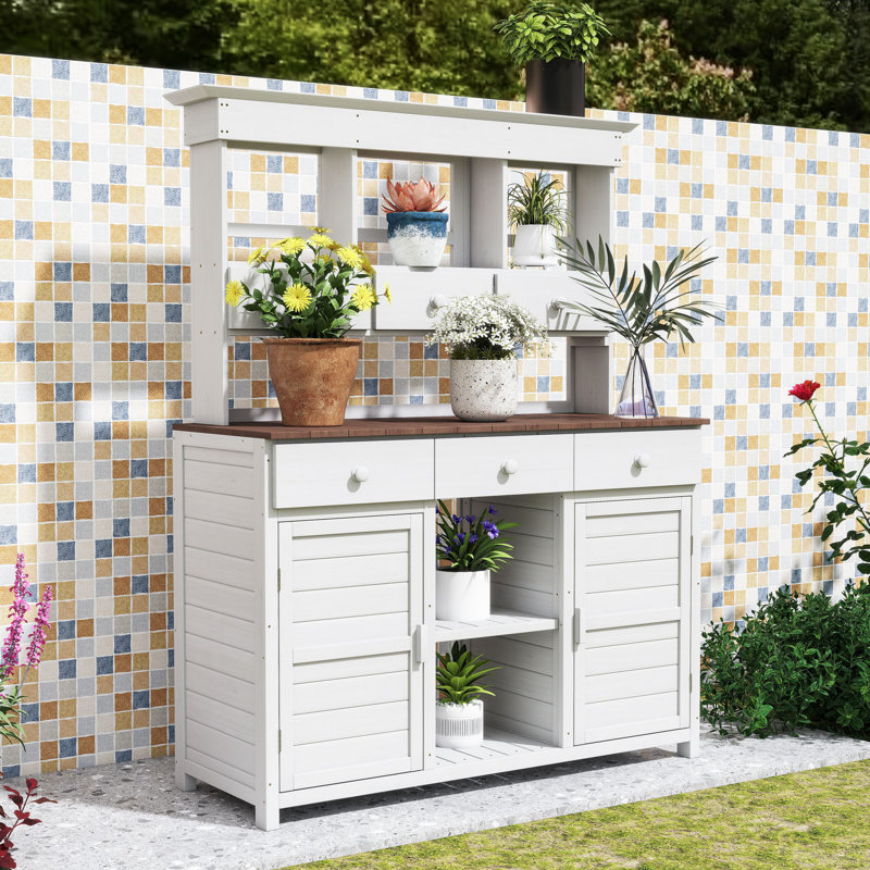 Table de jardin haute avec huche, 6 tiroirs, tablettes, 2 armoires et crochets, Blanc