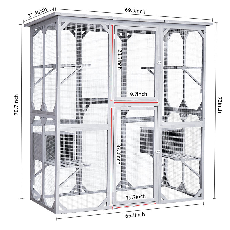 Catio Outdoor Cat Enclosure with Roof 72" Height Cat Wooden House Large Cat Cage with 3 Jumping Platforms and 2 Napping Houses for Cat Activity