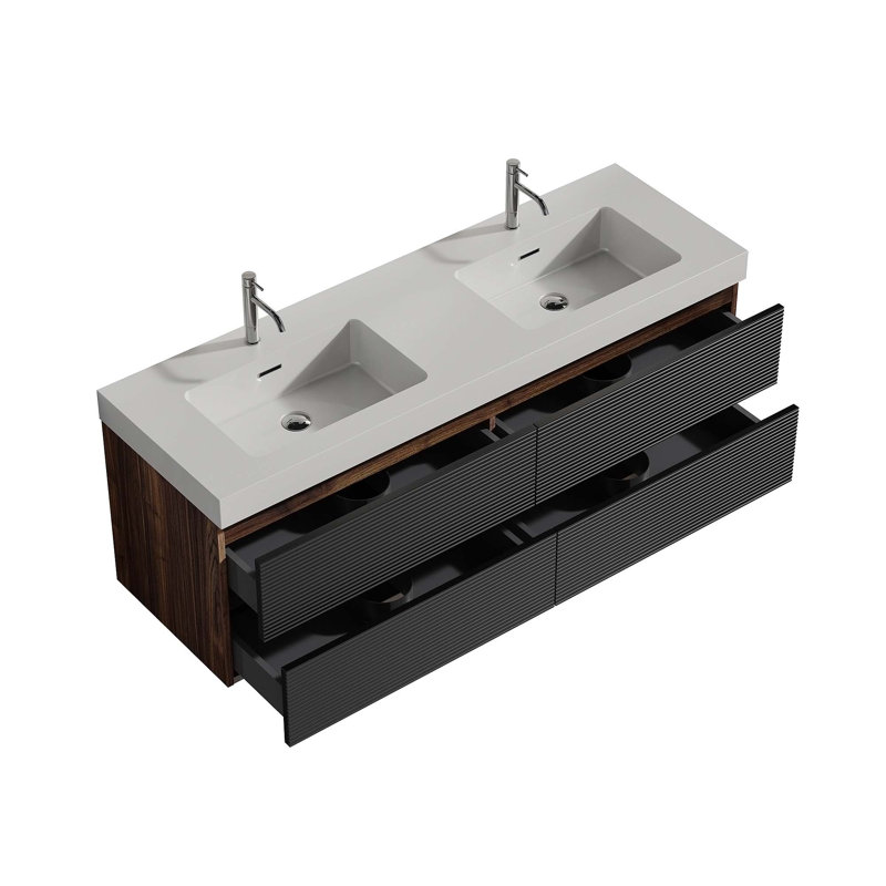 Meuble-lavabo mural moderne avec lavabos doubles et tiroirs spacieux, durable et élégant, 60", Blanc, Trou simple