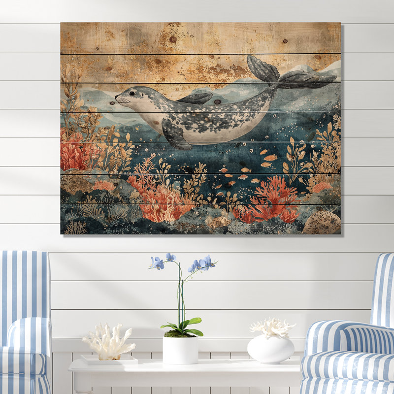 Aquarium avec sceaux au-dessus du corail I - impression sur bois de phoque - sur bois de pin naturel