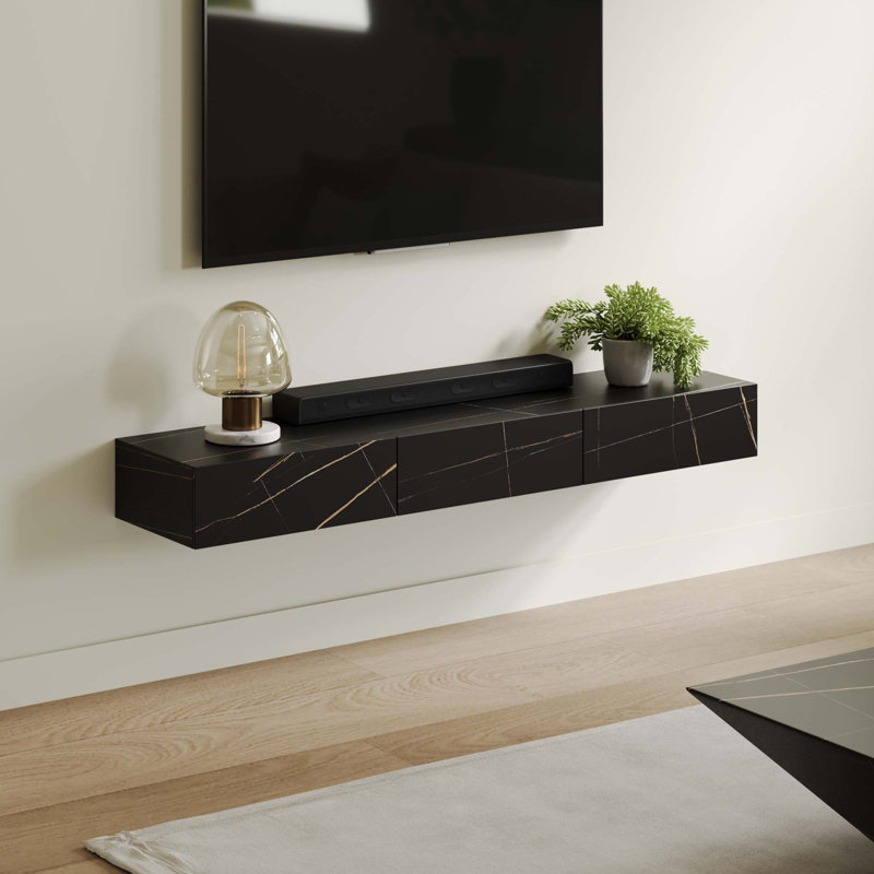Hithin Floating TV Stand, Entertainment Center with Drawers, Solid Wood, Fully-Assembled, Black, 70.87"