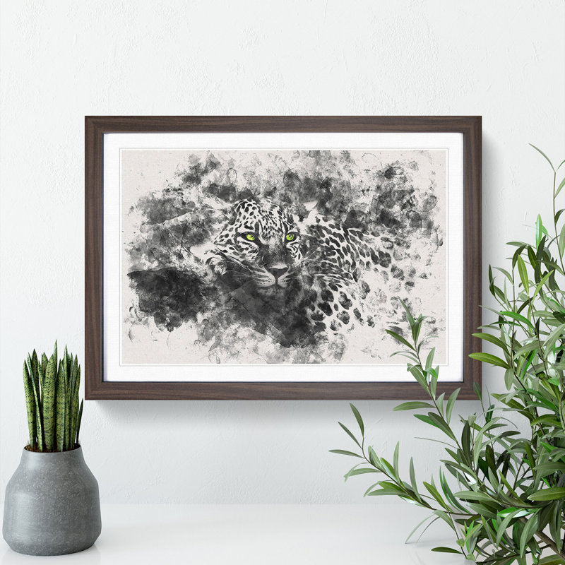 Leopard with Green Eyes High - Picture Frame Painting Print, 45cm H x 63cm W x 2cm D, Walnut Framed
