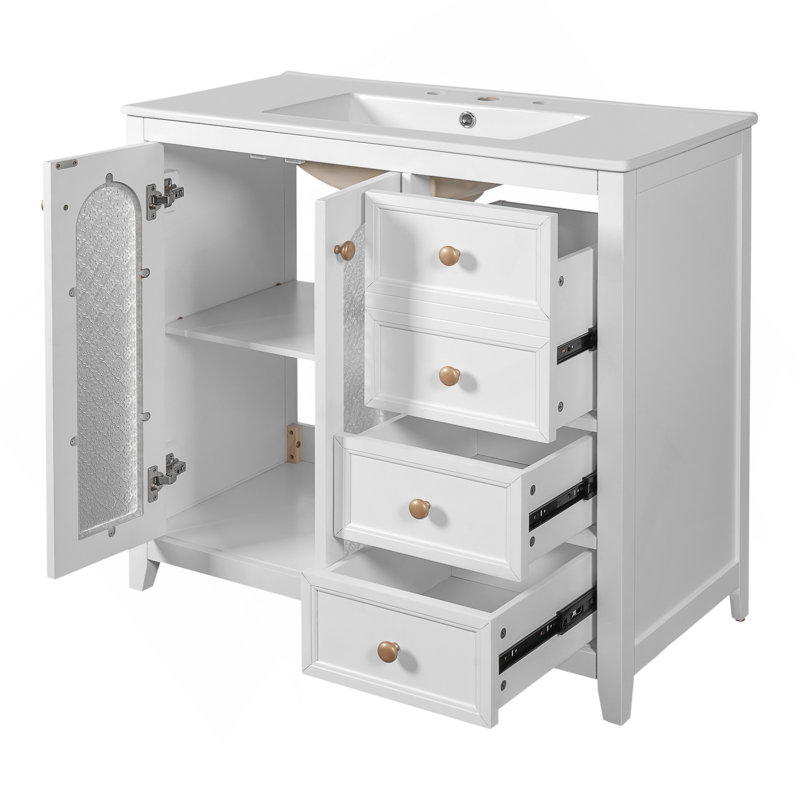 Meuble-lavabo de 36,02 pouces avec deux portes à fermeture douce, des tablettes réglables et trois tiroirs