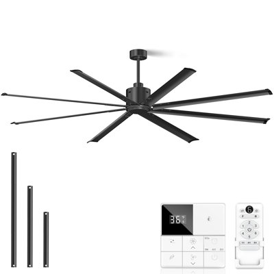 84 Inch Industrial Ceiling Fans No Lights, Large Ceiling Fan With 8 Reversible Blades, Outdoor/Indoor Industrial DC Motor Ceiling Fan With 6-Speed Remote Control For Porch Garage Shop Gym, Black