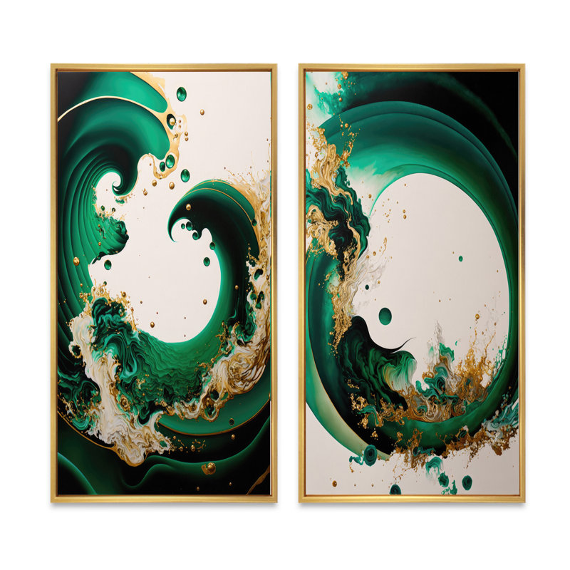 «Green Gold Abstract Waves», ensemble de 2 toiles - vert émeraude et vagues abstraites dorées I, H 40 po x l 40 po