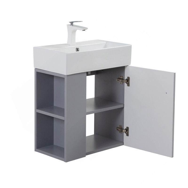 Meuble-lavabo à fixation murale 21,6 po avec lavabo en céramique, porte à fermeture en douceur, tablette gauche flottante, assemblage requis, gris
