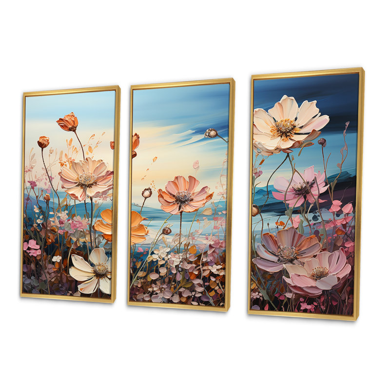 Ensemble de salon art floral rose, Cadre flottant doré, H 40 po x l 60 po x P 1 po
