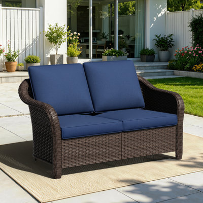 Alderwood 2‑Person Patio Loveseat, Outdoor Sofa Couch with 4" Thick Blue Cushions 