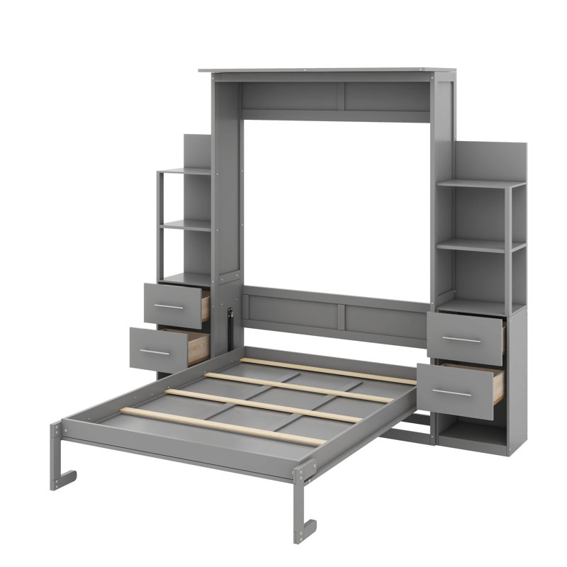 Murphy Bed With Shelves Drawers And Integrated LED Lighting Crafted For Wall-Mounted Convenience, Grey, Full