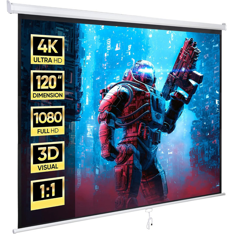 120'' Projector Screen Manual Pull Down, 1:1 Indoor Outdoor Projection Screen Moive Screen