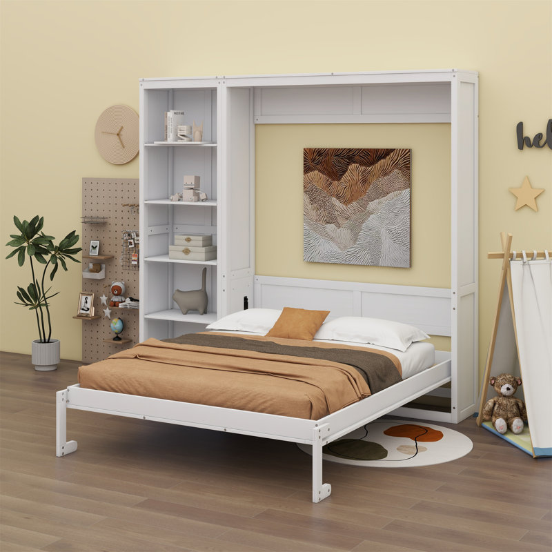 Lit escamotable mural Ell Elletsville avec tablettes, Blanc, Double