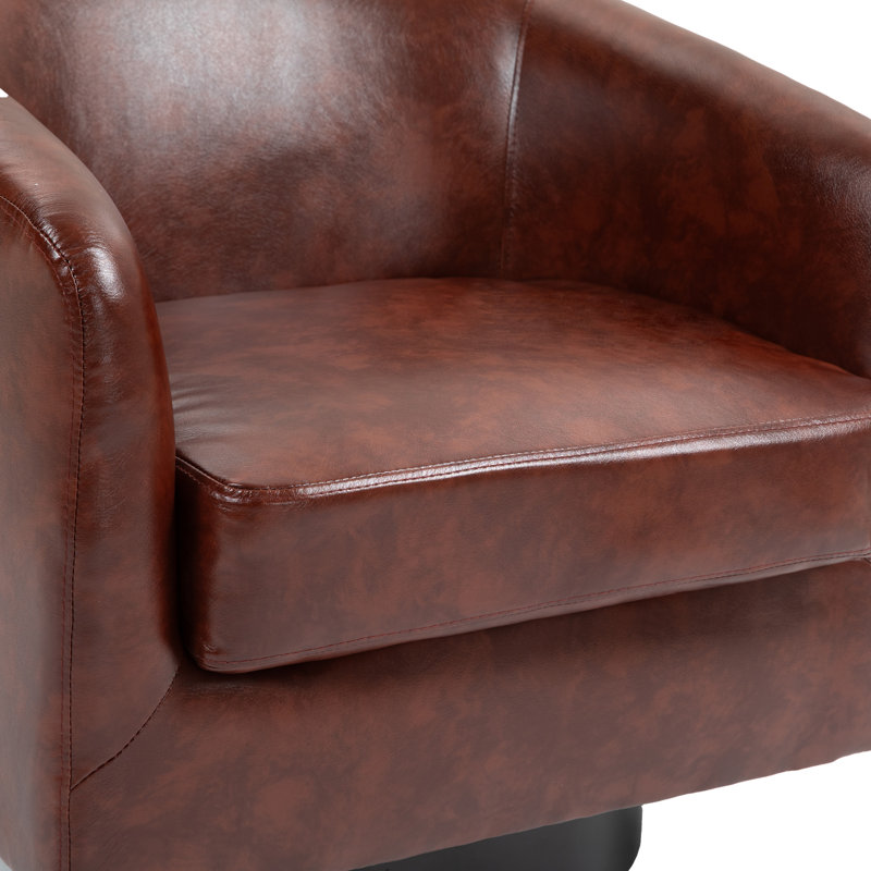 Fauteuil pivotant Frankie en similicuir rouge-brun avec base en bois massif, Similicuir rouge et brun Heathe